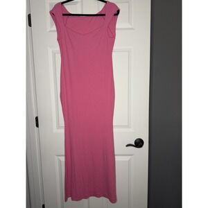 Pumiey Square Neck Cap Sleeve Ribbed Bodycon Maxi Dress Pink Ribbed Xl